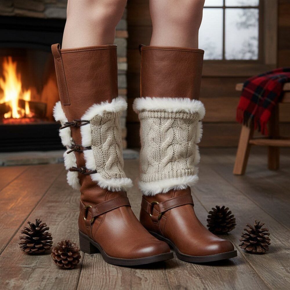 Knit Trim Faux-Fur Tall Riding Boots - Brown